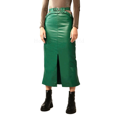 Bold Green Cutout Waist Women Midi Genuine Halloween Leather Skirt -  HOTLEATHERWORLD
