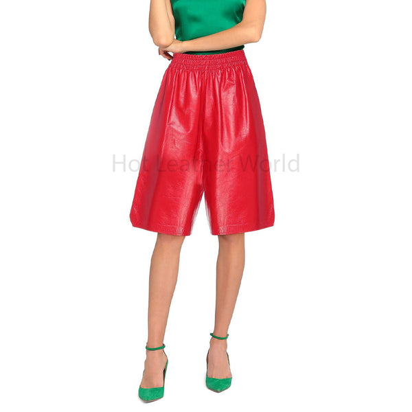 Charming Red Elasticized Waist Women Leather Shorts -  HOTLEATHERWORLD
