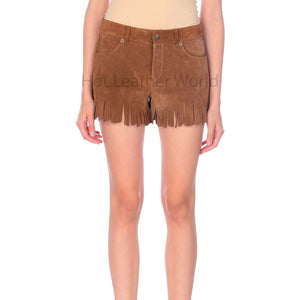 Tan Brown Women Fringe Leather Shorts -  HOTLEATHERWORLD