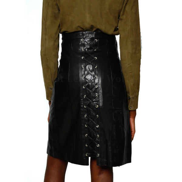 Luxe Black Corset Laced Women Halloween Leather Skirt -  HOTLEATHERWORLD