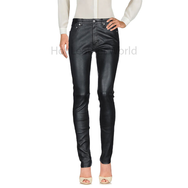 Basic Black Tapered Leg Women Casual Leather Pant -  HOTLEATHERWORLD