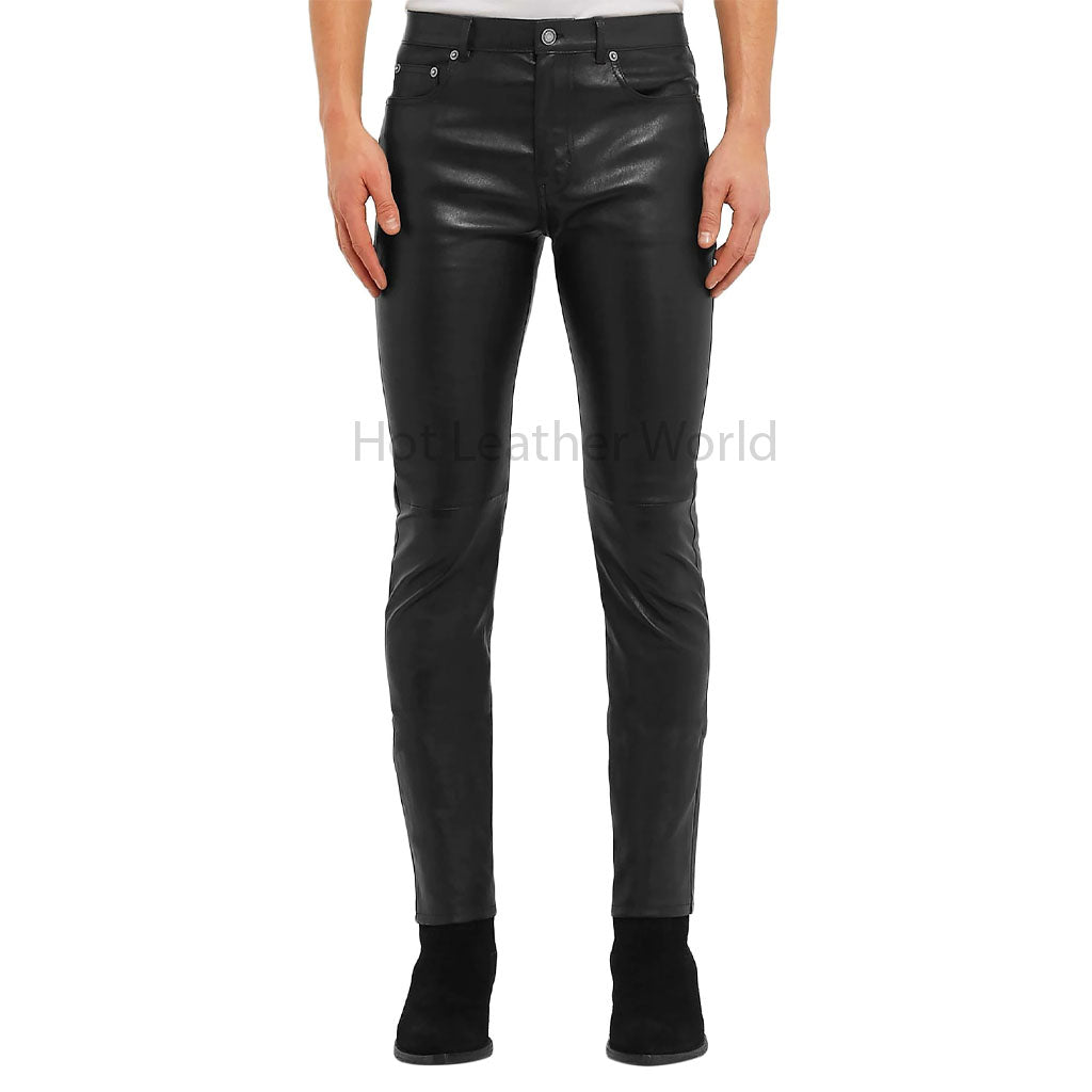 Black Men Skinny Fit Casual Leather Pants -  HOTLEATHERWORLD