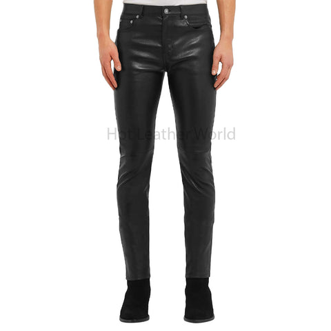 Black Men Skinny Fit Casual Leather Pants -  HOTLEATHERWORLD