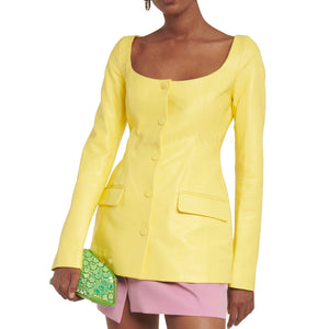 Lemon Yellow Round Neck Buttoned Women Leather Blazer -  HOTLEATHERWORLD