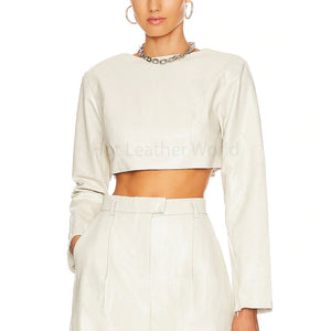 Voguish White Long Sleeves Women Cropped Leather Top -  HOTLEATHERWORLD