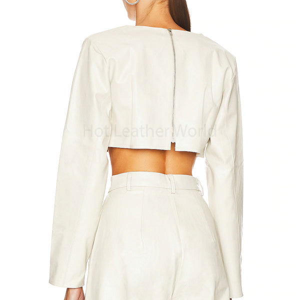 Voguish White Long Sleeves Women Cropped Leather Top -  HOTLEATHERWORLD