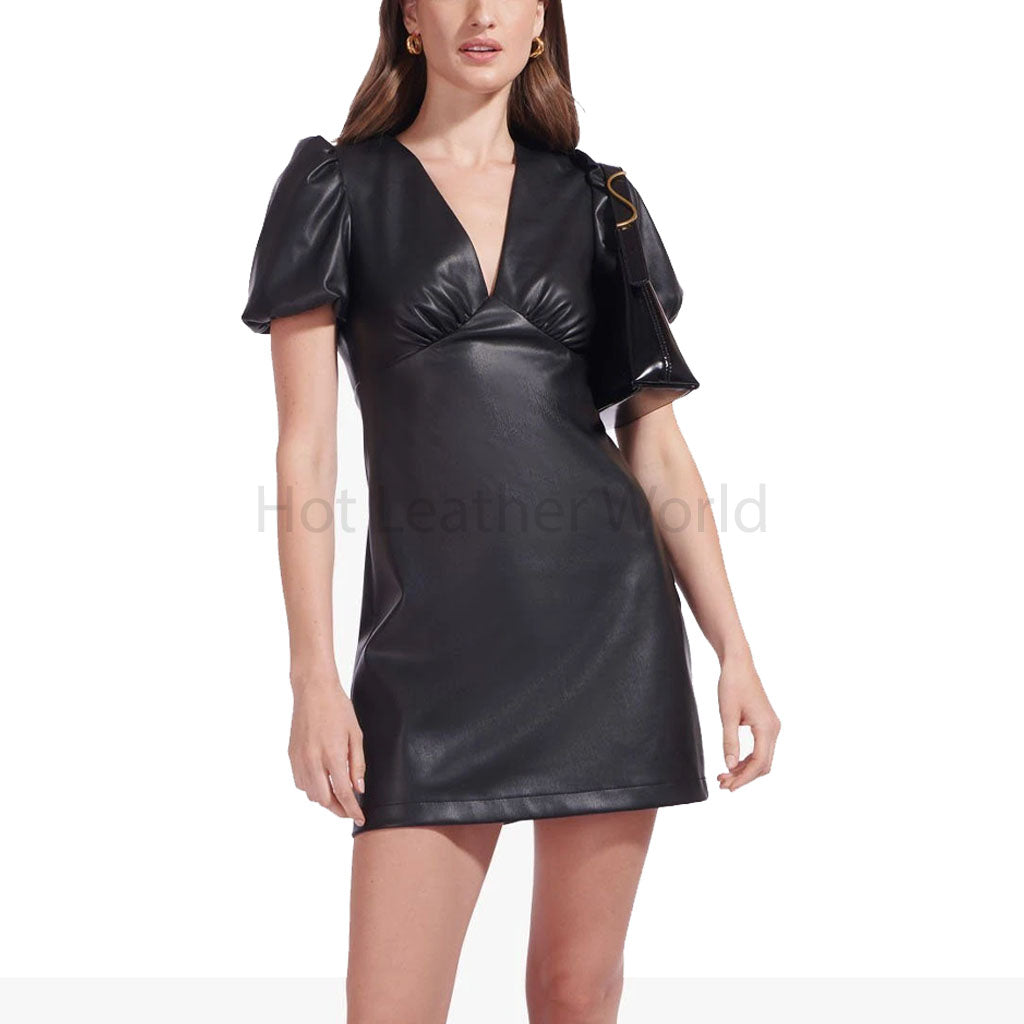 Solid Black Puffed Sleeve Women Mini Faux Leather Dress XL / Burgundy