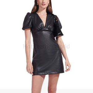 Solid Black Puffed Sleeve Women Mini Faux Leather Dress -  HOTLEATHERWORLD