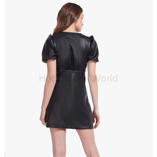 Solid Black Puffed Sleeve Women Mini Faux Leather Dress -  HOTLEATHERWORLD