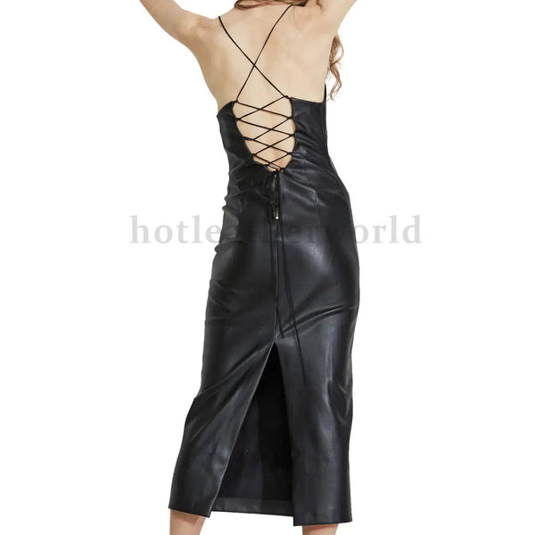 Backless Lace Up Women Faux Long Leather Dress -  HOTLEATHERWORLD