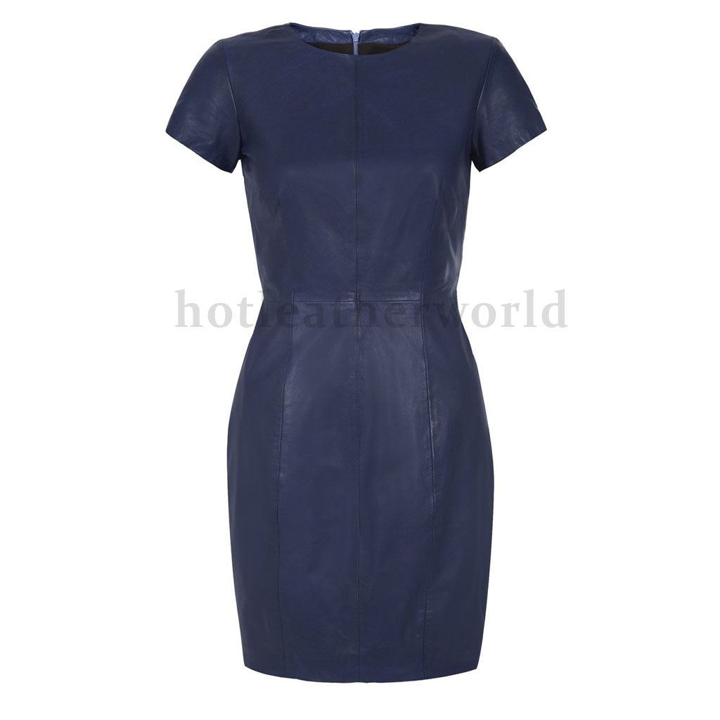 Navy Blue Short Sleeves Mini Leather Dress S / Navy Blue Navy Blue Short Sleeves Mini Leather Dress S / Navy Blue