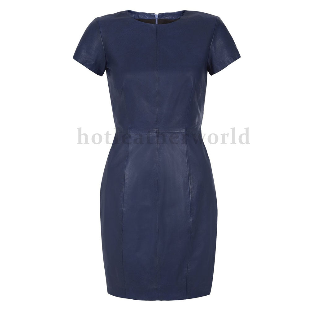 Navy Blue Short Sleeves Mini Leather Dress -  HOTLEATHERWORLD