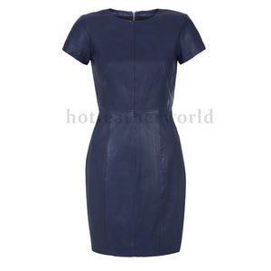 Navy Blue Short Sleeves Mini Leather Dress -  HOTLEATHERWORLD