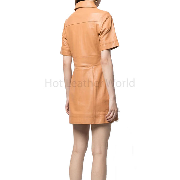 Orange Snap Button Detailed Women Mini Leather Dress -  HOTLEATHERWORLD