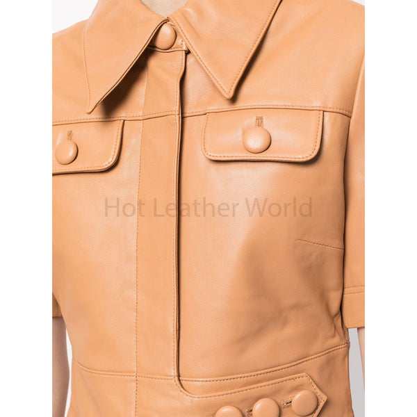 Orange Snap Button Detailed Women Mini Leather Dress -  HOTLEATHERWORLD