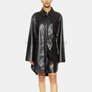 Solid Black Oversized Women Shirt Faux Leather Dress -  HOTLEATHERWORLD