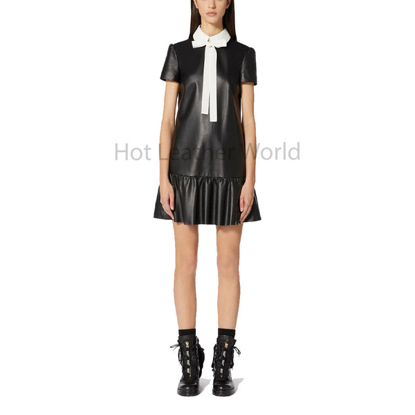 Elegant Black Women Ruffle Mini Leather Dress -  HOTLEATHERWORLD