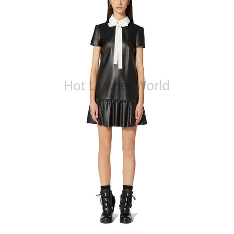 Elegant Black Women Ruffle Mini Leather Dress -  HOTLEATHERWORLD