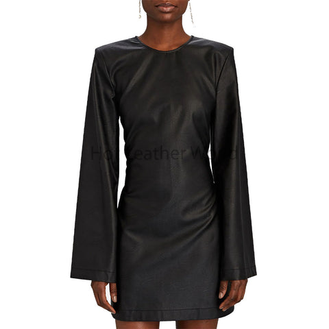 Minimal Black Wide Sleeves Women Mini Leather Dress -  HOTLEATHERWORLD