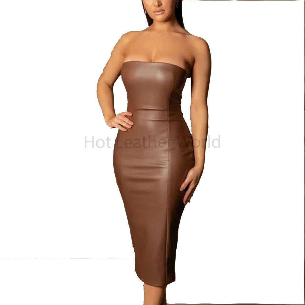 Chocolate Brown Back Less Women Bodycon Midi Leather Dress Xs / Same As Picture