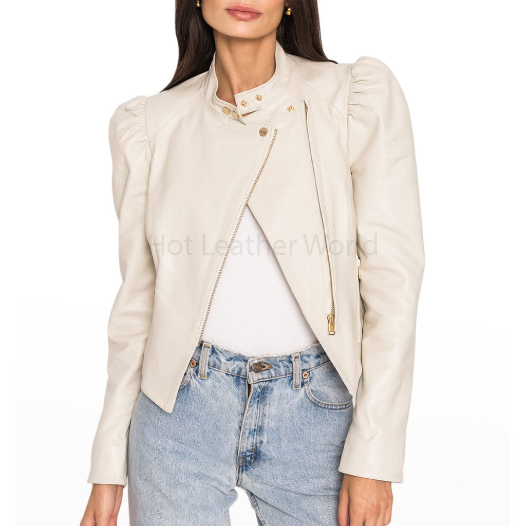 Minimal White Puffed Sleeve Women Cropped Leather Jacket -  HOTLEATHERWORLD
