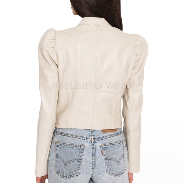 Minimal White Puffed Sleeve Women Cropped Leather Jacket -  HOTLEATHERWORLD