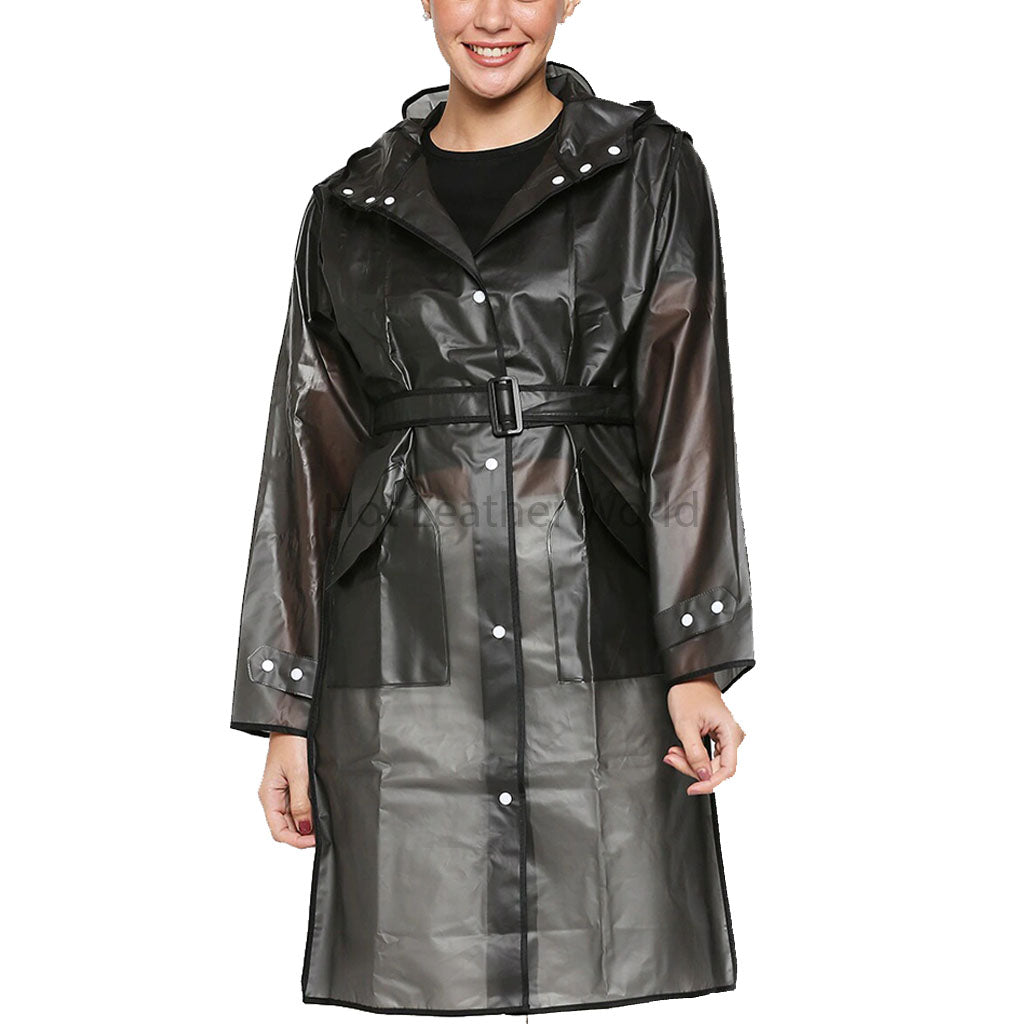 Women Black Semi Transparent Hooded Rain Jacket -  HOTLEATHERWORLD