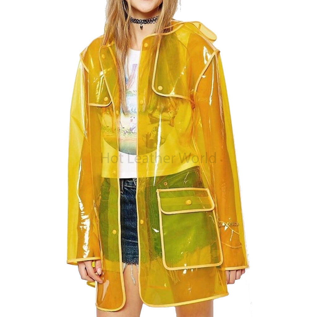Women Stylish Yellow Rain Transparent Mini Trench Coat -  HOTLEATHERWORLD