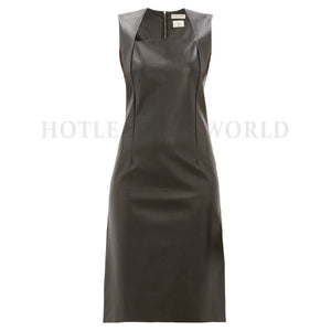 Women Square Neck Midi Leather Dress -  HOTLEATHERWORLD