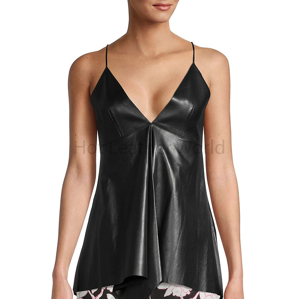 Elegant Black Backless Draped Women Leather Top -  HOTLEATHERWORLD