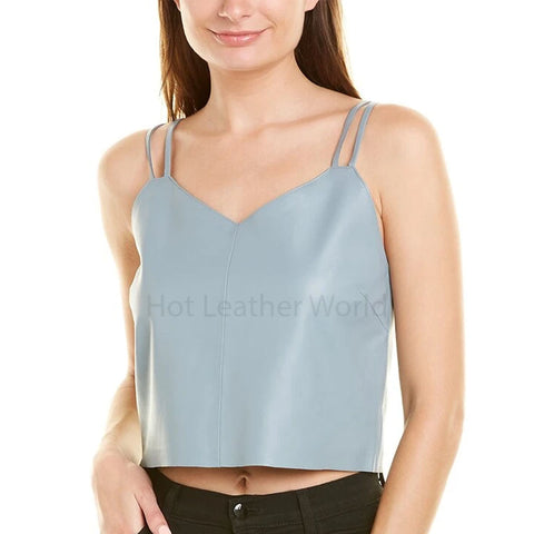 Women Stone Blue Double Strapped Women Leather Crop Top -  HOTLEATHERWORLD