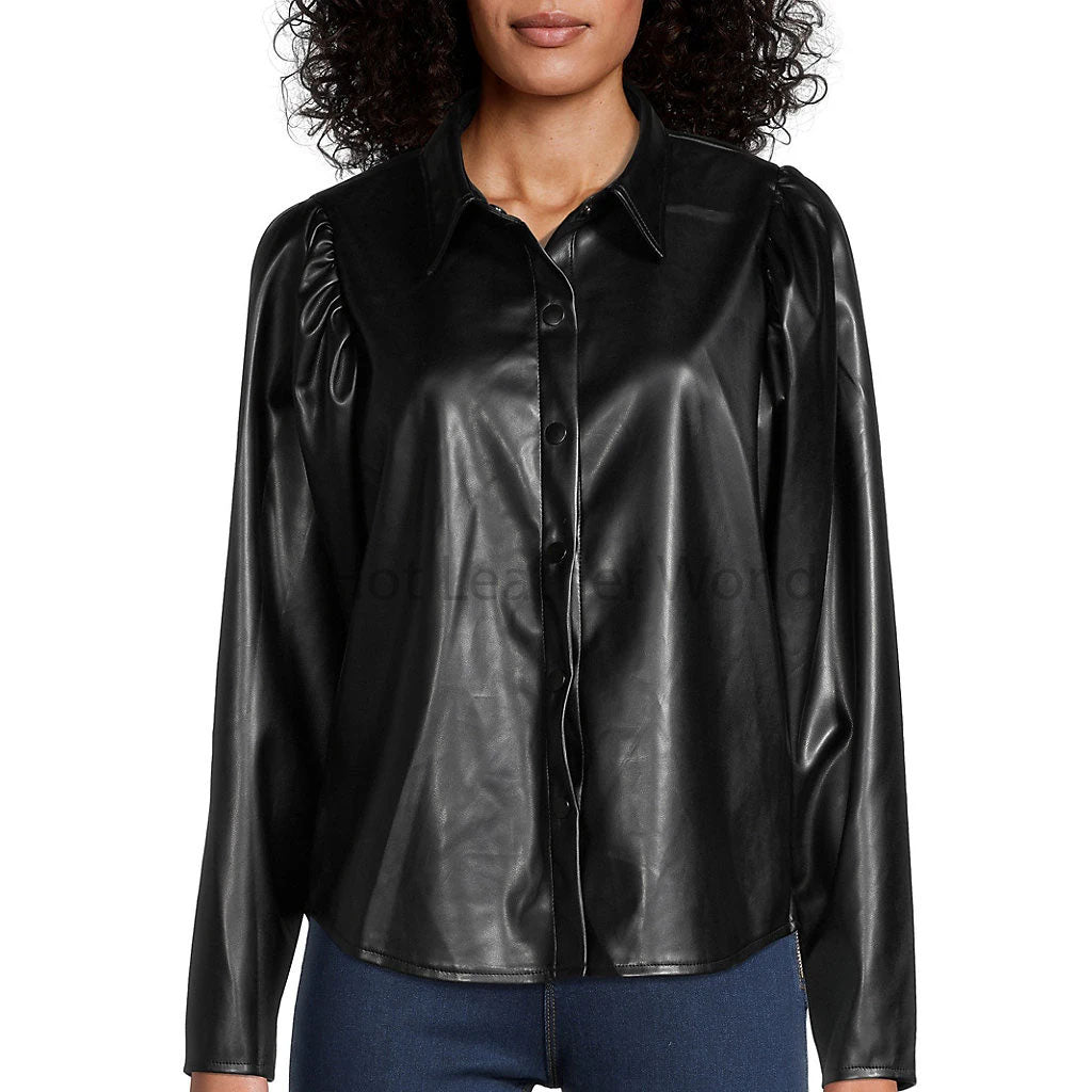 Classy Black Puffed Sleeves Snap Buttoned Women Leather Shirt -  HOTLEATHERWORLD