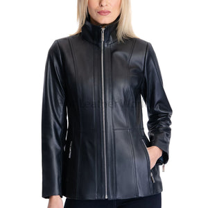 Black High Neck Stich Detailed Women Leather Coat -  HOTLEATHERWORLD