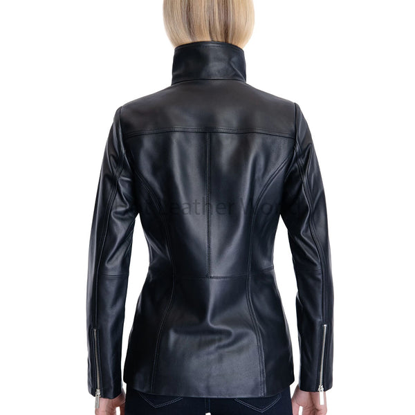Black High Neck Stich Detailed Women Leather Coat -  HOTLEATHERWORLD