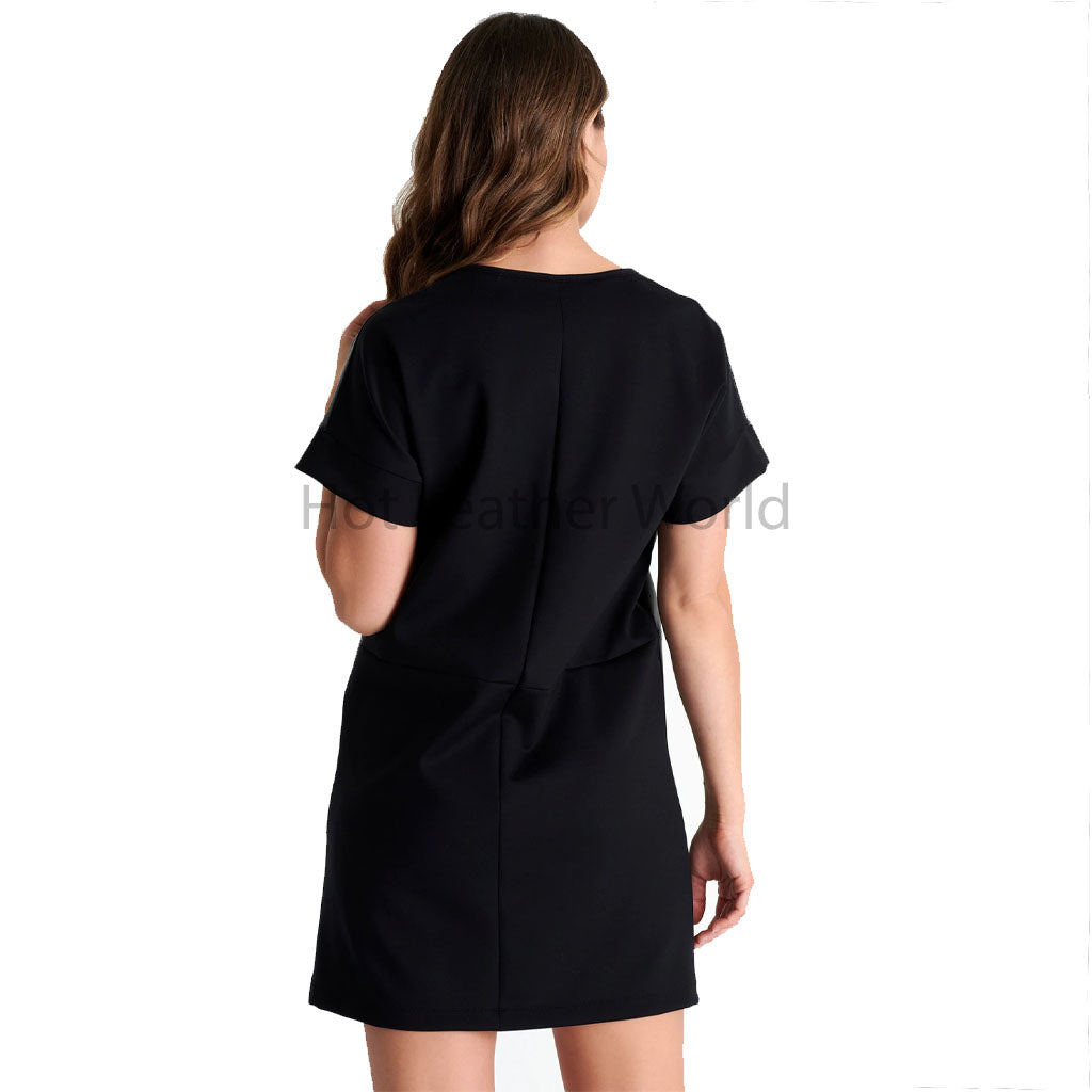 Women Classy Black Plunging Neckline Pull Over Mini Leather Dress 2XL / Black