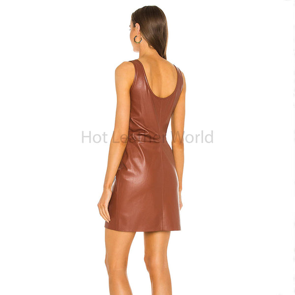 Brick Brown Women Button Up Mini Leather Dress -  HOTLEATHERWORLD