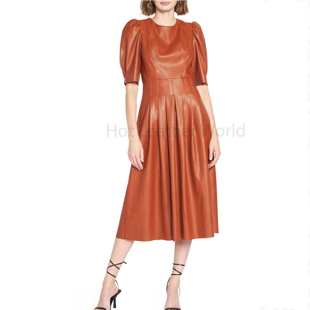 Stylish Brown Pleated Women Midi Leather Dress CUSTOM / NAVY BLUE Stylish Brown Pleated Women Midi Leather Dress CUSTOM / NAVY BLUE