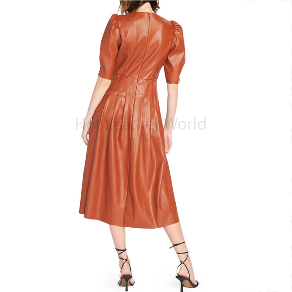 Stylish Brown Pleated Women Midi Leather Dress -  HOTLEATHERWORLD