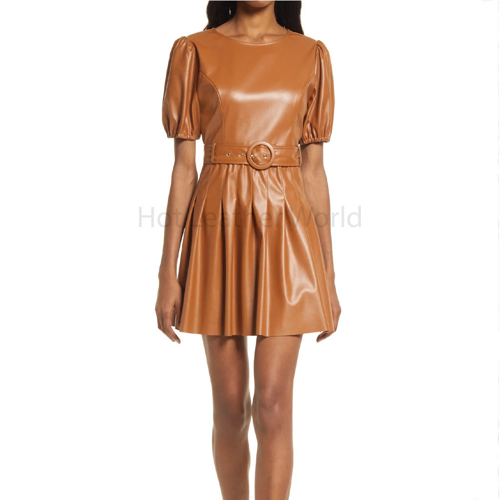 Trendy Brown Puffed Sleeves Belted Women Mini Leather Dress -  HOTLEATHERWORLD