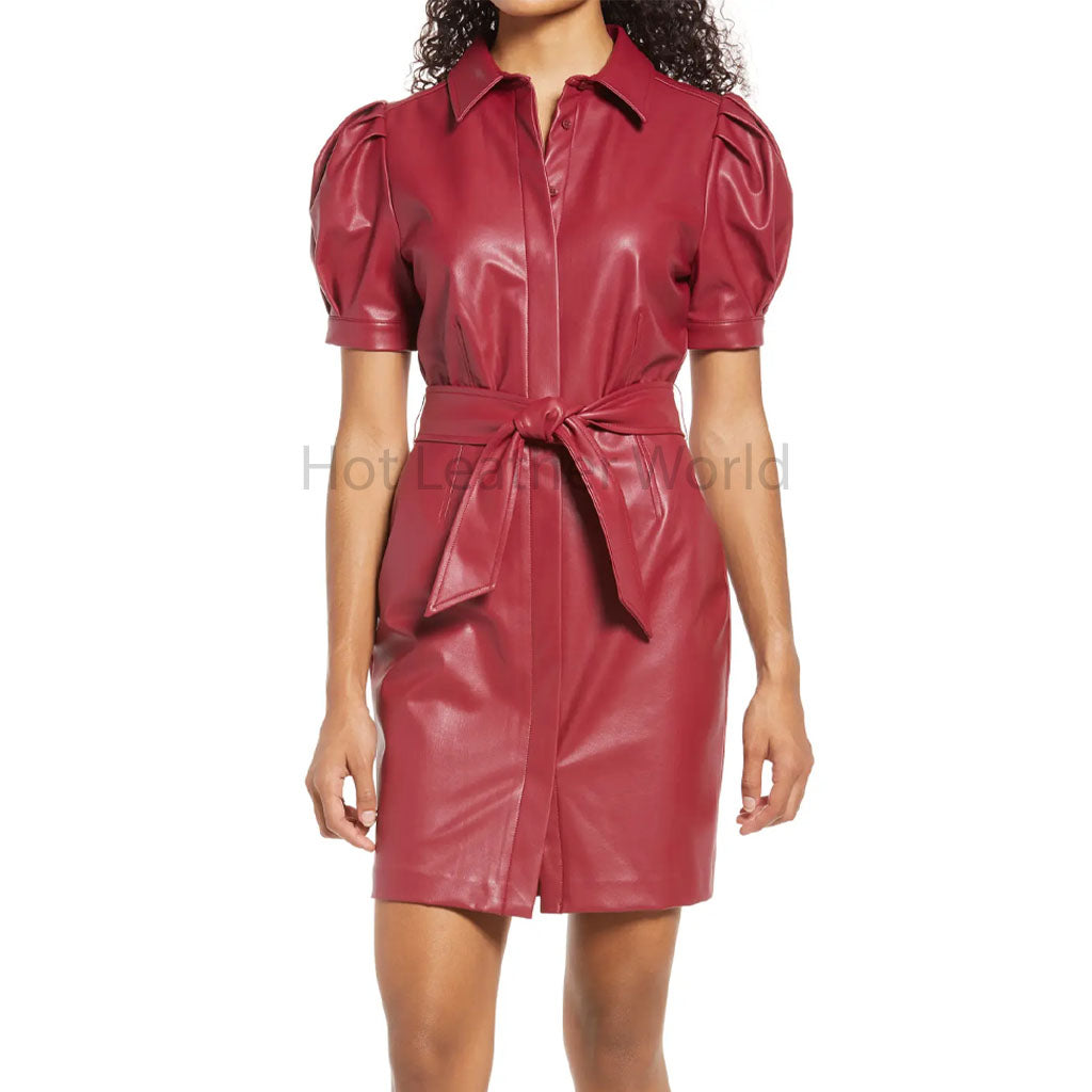Stylish Burgundy Front Tie Belt Button Up Women Mini Leather Dress Custom / Burgundy