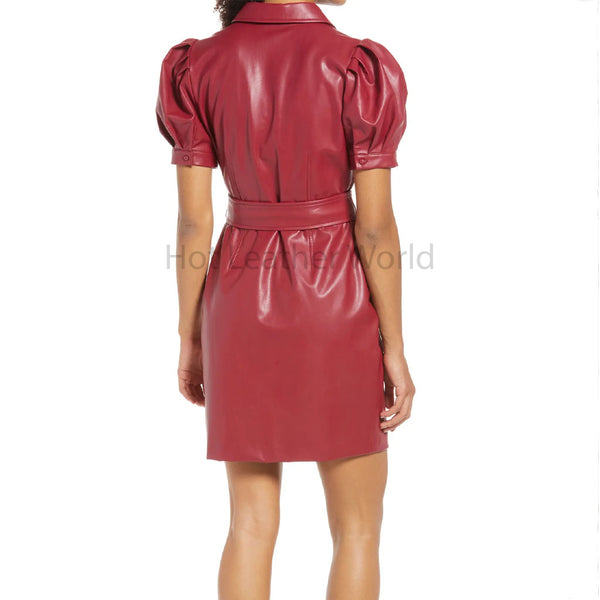 Stylish Burgundy Front Tie Belt Button Up Women Mini Leather Dress -  HOTLEATHERWORLD