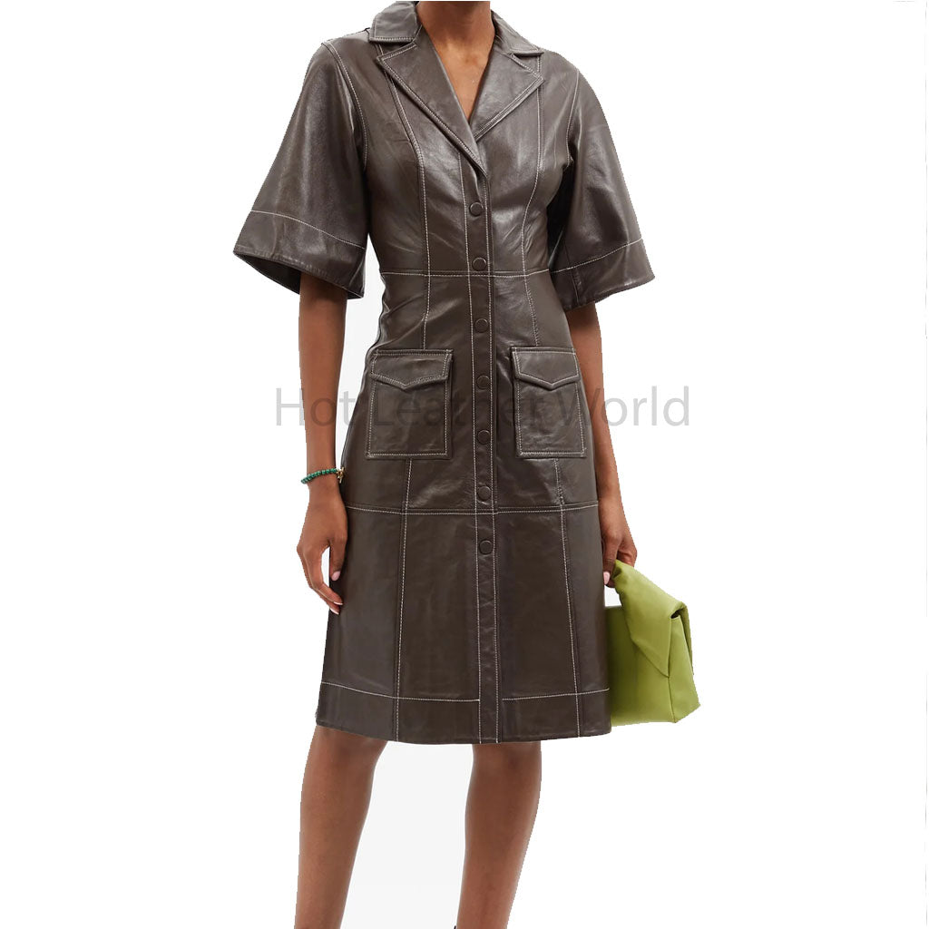 Dark Brown Knee Length Women Shirt Leather Dress M / White