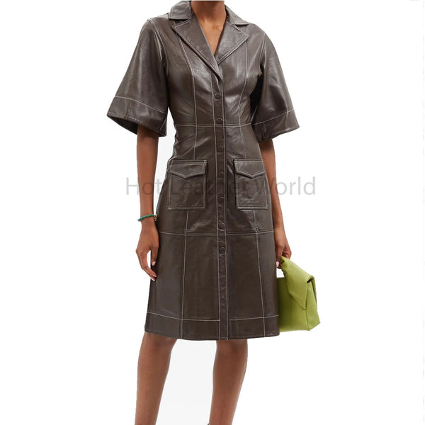 Dark Brown Knee Length Women Shirt Leather Dress -  HOTLEATHERWORLD