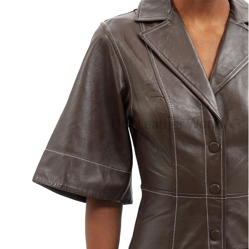 Dark Brown Knee Length Women Shirt Leather Dress M / White Dark Brown Knee Length Women Shirt Leather Dress M / White