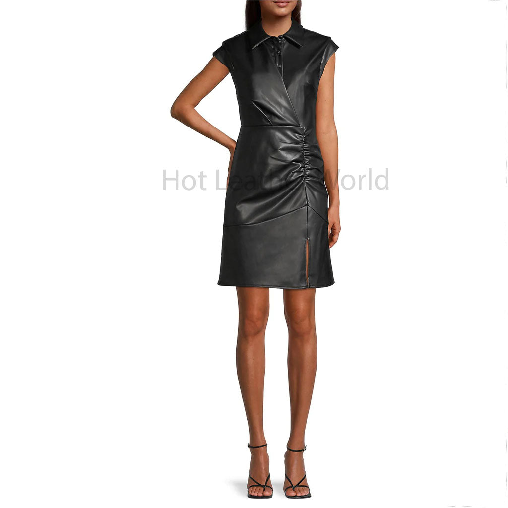 Solid Black Gathered Detailed Women Mini Leather Dress -  HOTLEATHERWORLD