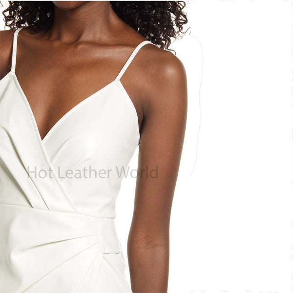 Classy White Overlapping Gathered Pleated Women Mini Leather Dress -  HOTLEATHERWORLD