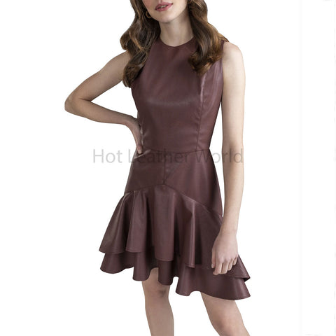 Chic Mocha Brown Layered Ruffle Women Mini Leather Dress -  HOTLEATHERWORLD