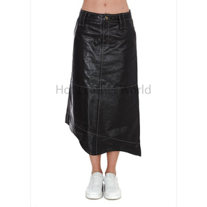 Trendy Black Asymmetrical Stitch Detailed Women Leather Skirt -  HOTLEATHERWORLD