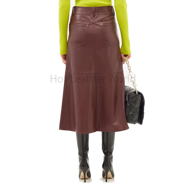 Classy Burgundy Five Pockets Midi Women Leather Skirt -  HOTLEATHERWORLD