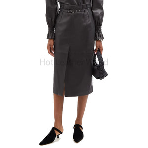 Minimal Black High Waist Belted Women Leather Skirt -  HOTLEATHERWORLD